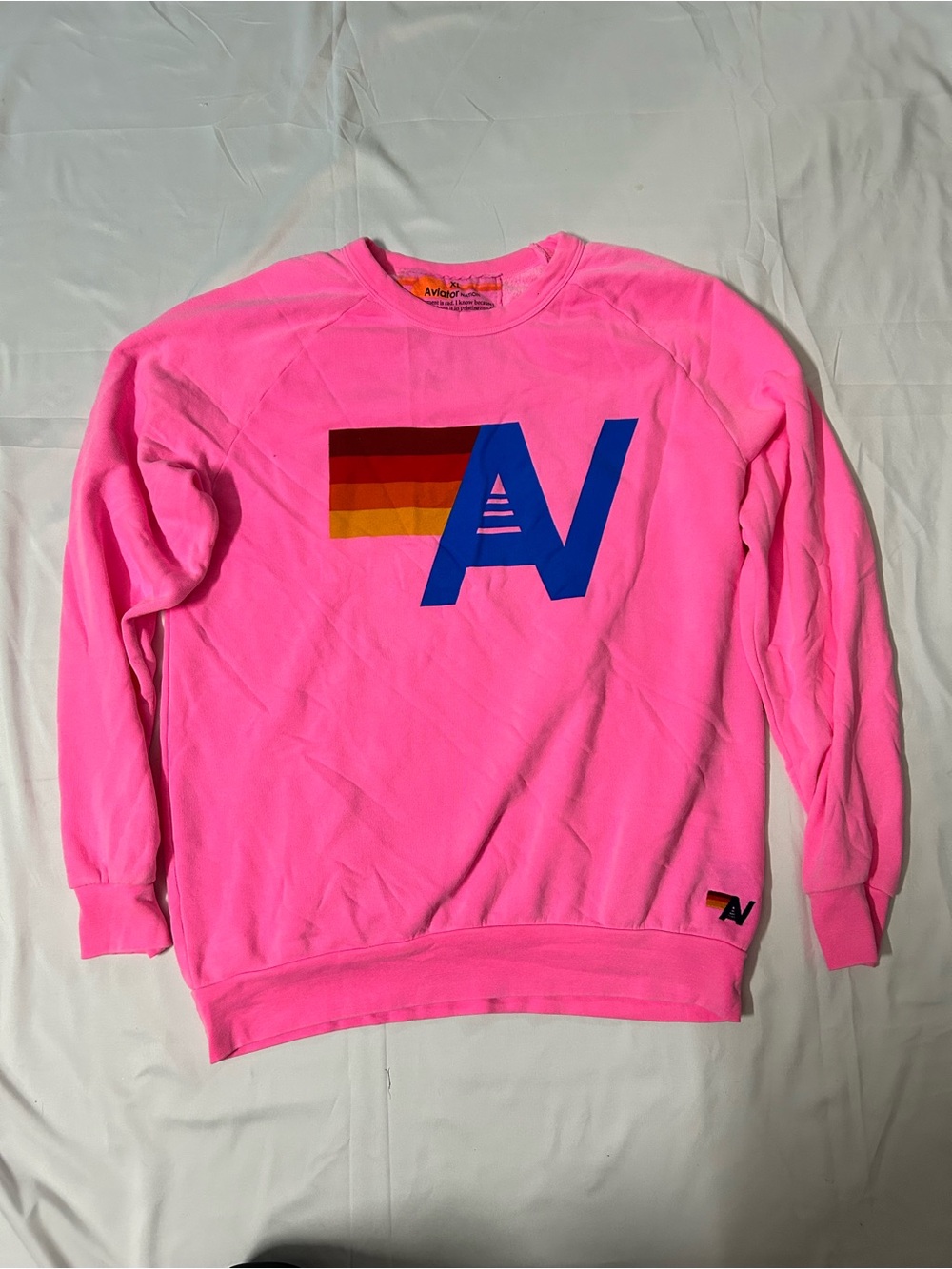 Aviator Nation Men’s Neon Pink Crewneck with Blue Logo and Rainbow Stripe